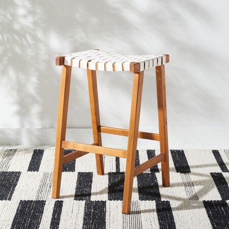 Safavieh 20 x 18.5 x 30 in. Abreu Rectangle Barstool with White Leather & Natural Wood BST1012D